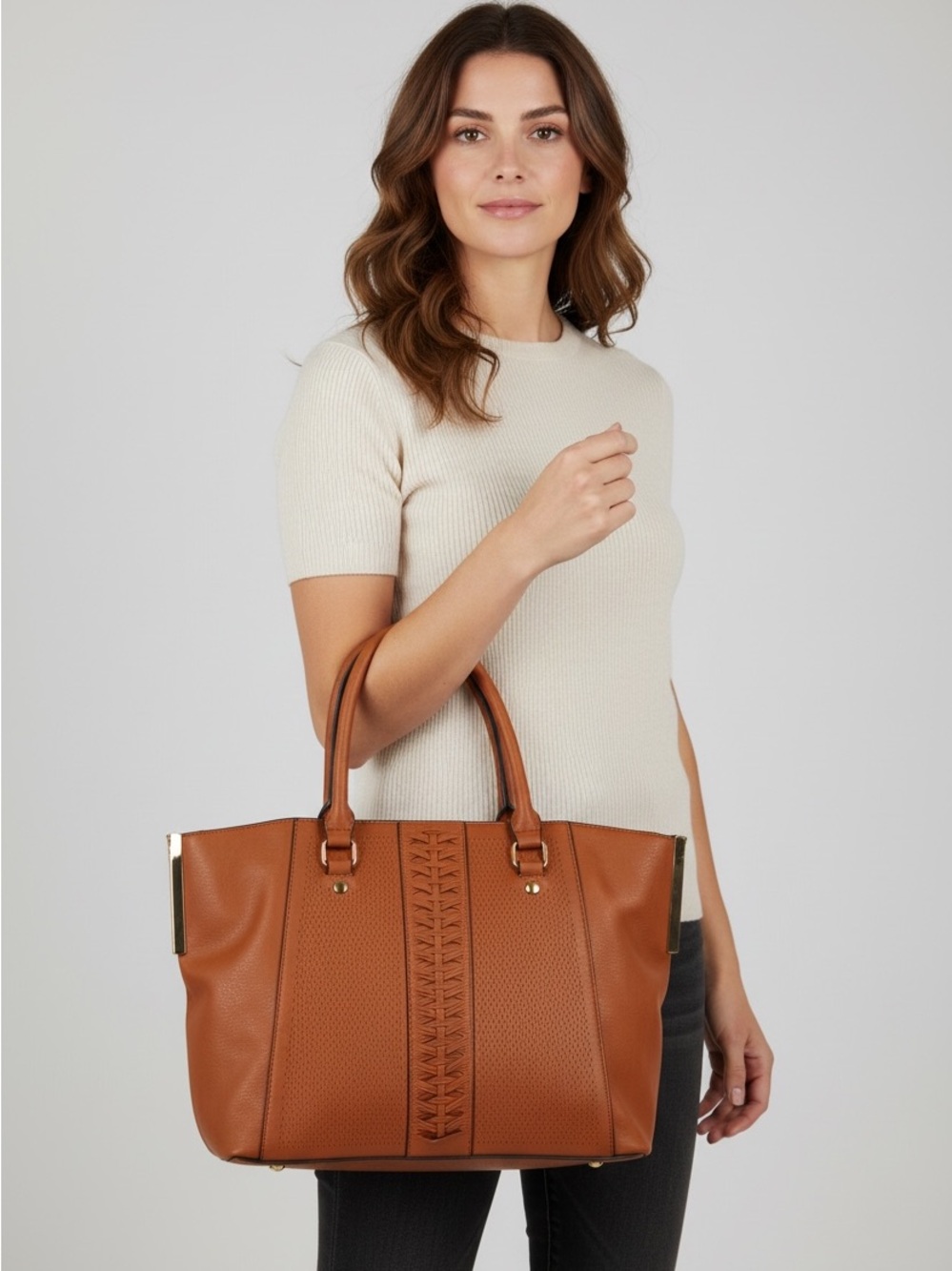 Structured Tan Leather Tote with Braided Center Panel
